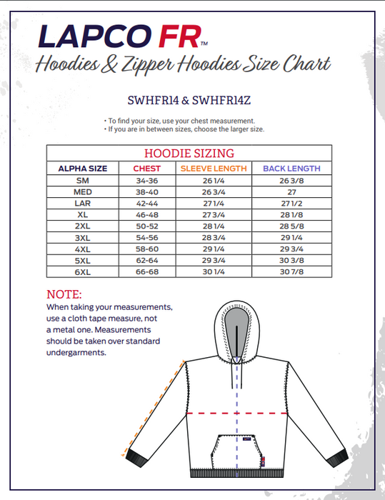 Flame-Resistant Hoodie Sweatshirt, fr hoodie, fr sweatshirt, fr outerwear - LAPCO Sizing Chart