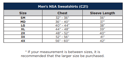 Heavyweight Zip Front FR Sweatshirts,  fr hoodie, fr sweatshirt, fr outerwear - NSA Sizing Chart