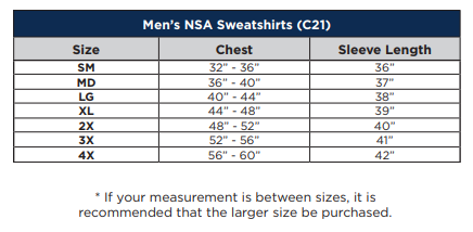 FR UltraSoft® Fleece Hooded/Pullover Sweatshirt, fr hoodie, fr sweatshirt, fr outerwear - NSA Sizing Chart